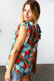 Follow Me Emerald Floral Print Double Ruffle Sleeve Top - DAVERRI FASHIONS