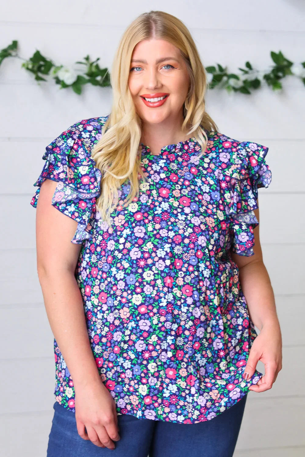 Navy Floral Mock Neck Flutter Sleeve Top | Daverri Fashions