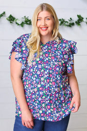 Navy Floral Mock Neck Flutter Sleeve Top | Daverri Fashions