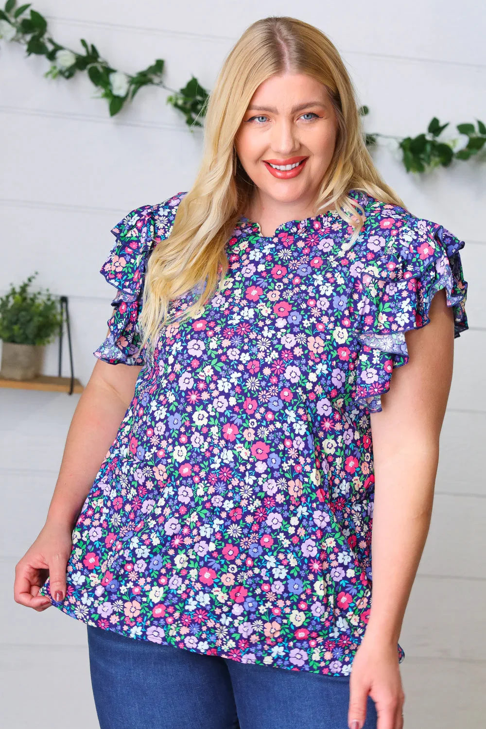 Navy Floral Mock Neck Flutter Sleeve Top | Daverri Fashions