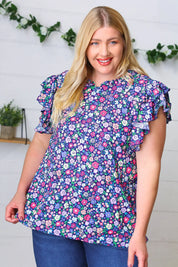 Navy Floral Mock Neck Flutter Sleeve Top | Daverri Fashions