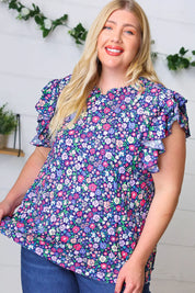 Navy Floral Mock Neck Flutter Sleeve Top | Daverri Fashions