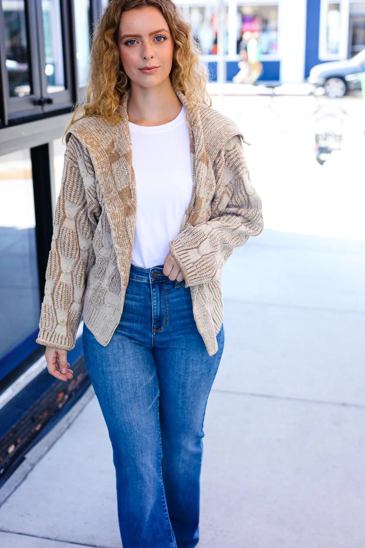 Autumn Vibes Taupe Cable Knit Cardigan with Fur Trim and Pockets