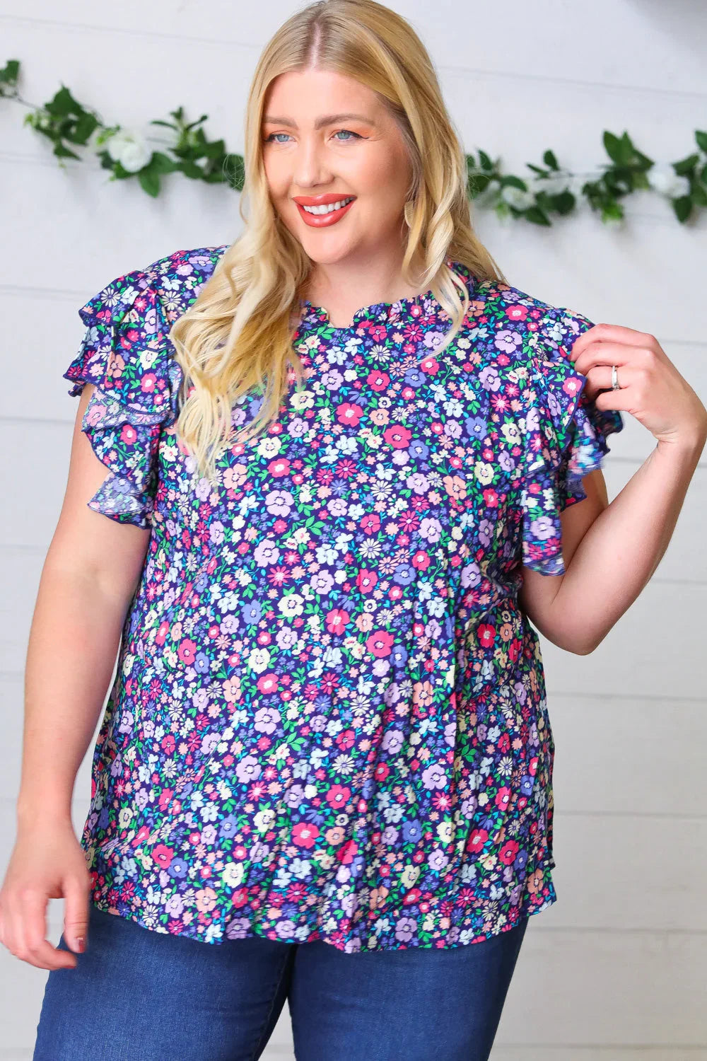 Navy Floral Mock Neck Flutter Sleeve Top | Daverri Fashions