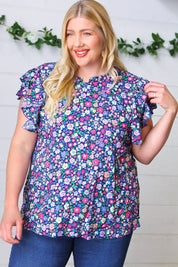 Navy Floral Mock Neck Flutter Sleeve Top | Daverri Fashions