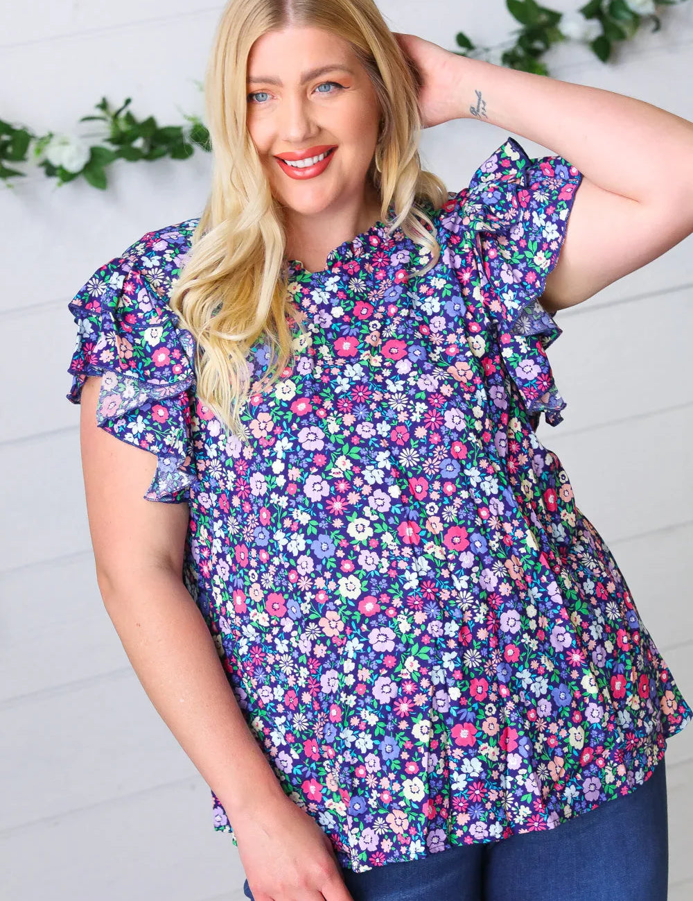 Navy Floral Mock Neck Flutter Sleeve Top | Daverri Fashions