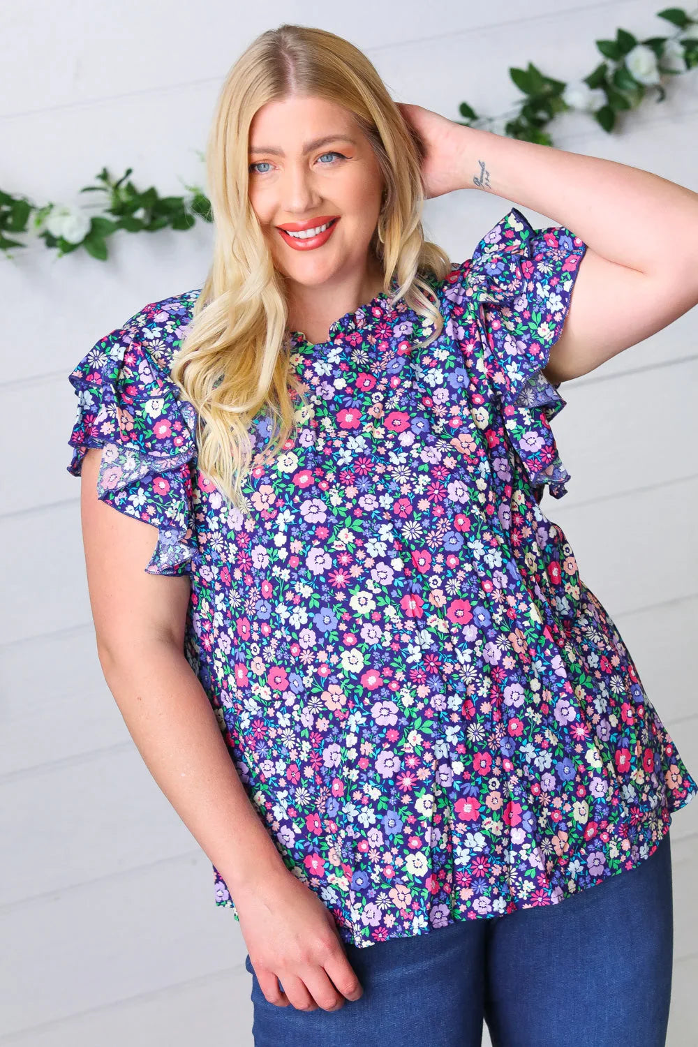 Navy Floral Mock Neck Flutter Sleeve Top | Daverri Fashions