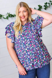 Navy Floral Mock Neck Flutter Sleeve Top | Daverri Fashions