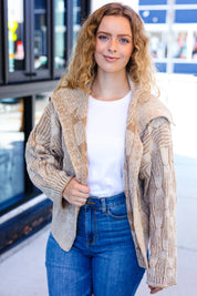 Autumn Vibes Taupe Cable Knit Cardigan with Fur Trim Hood