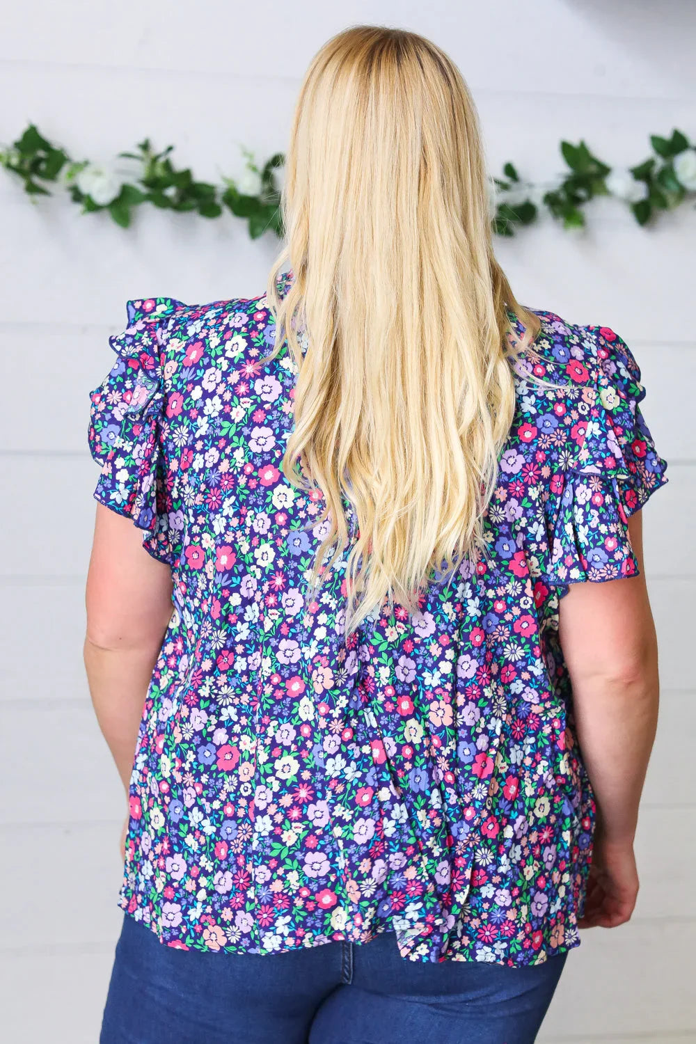 Navy Floral Mock Neck Flutter Sleeve Top | Daverri Fashions