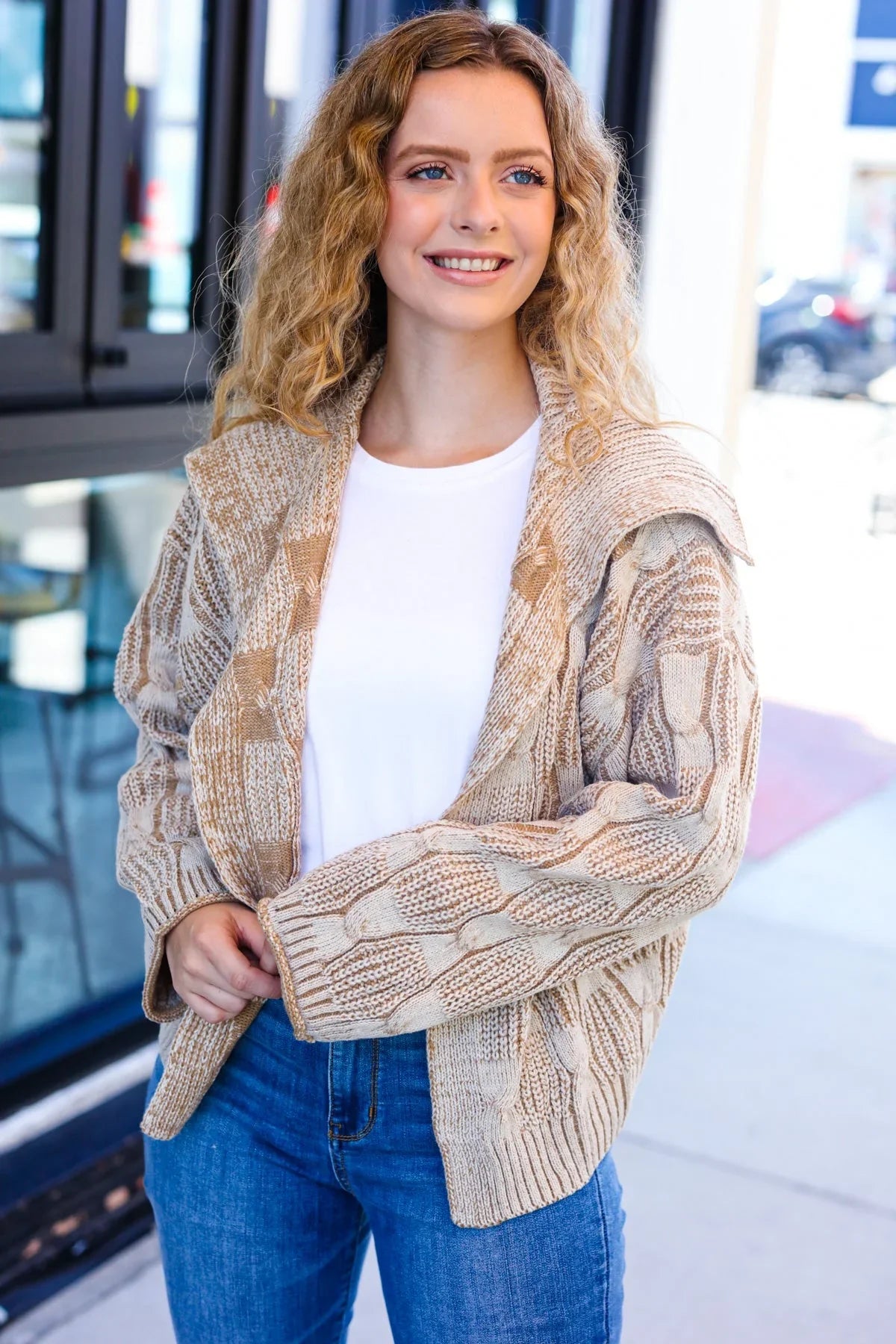 Autumn Vibes Taupe Textured Cable Knit Cardigan with Oversized Sleeves