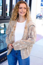 Autumn Vibes Taupe Textured Cable Knit Cardigan with Oversized Sleeves