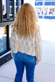Autumn Vibes taupe cable knit cardigan with jeans and curly blonde hair