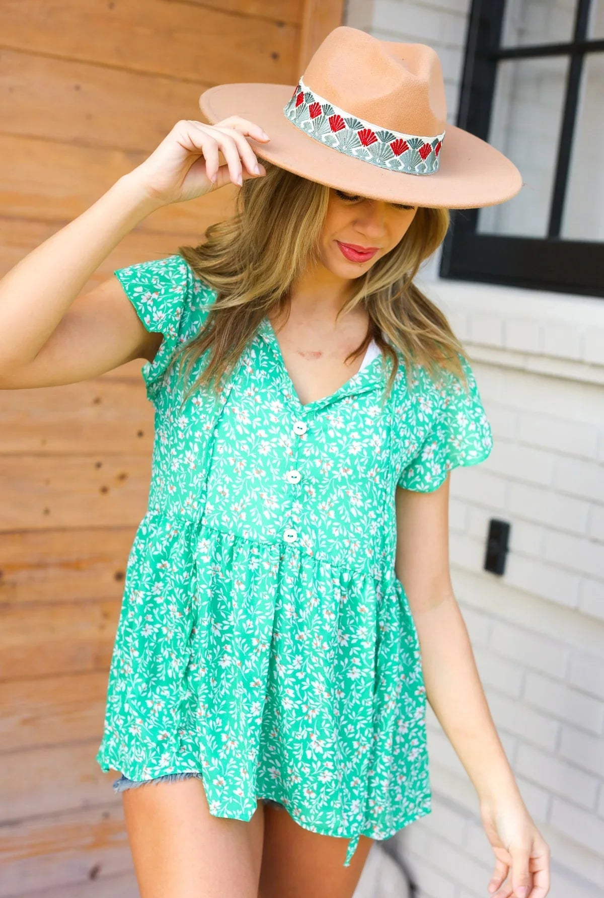 Green Floral Button Tie Neck Babydoll Top | Daverri Fashions