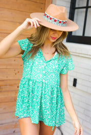 Green Floral Button Tie Neck Babydoll Top | Daverri Fashions