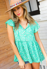 Green Floral Button Tie Neck Babydoll Top | Daverri Fashions