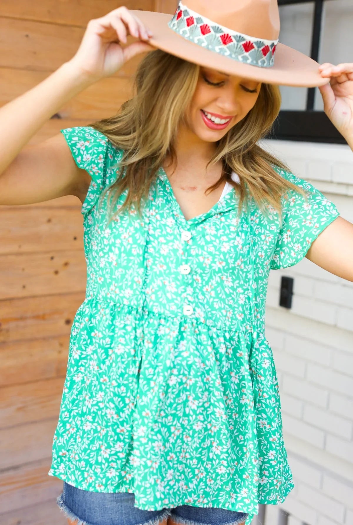 Green Floral Button Tie Neck Babydoll Top | Daverri Fashions