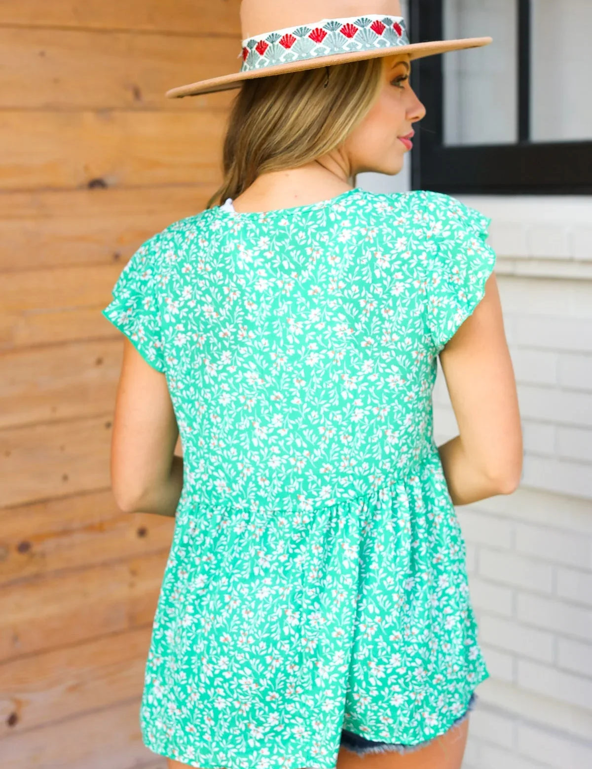 Green Floral Button Tie Neck Babydoll Top | Daverri Fashions