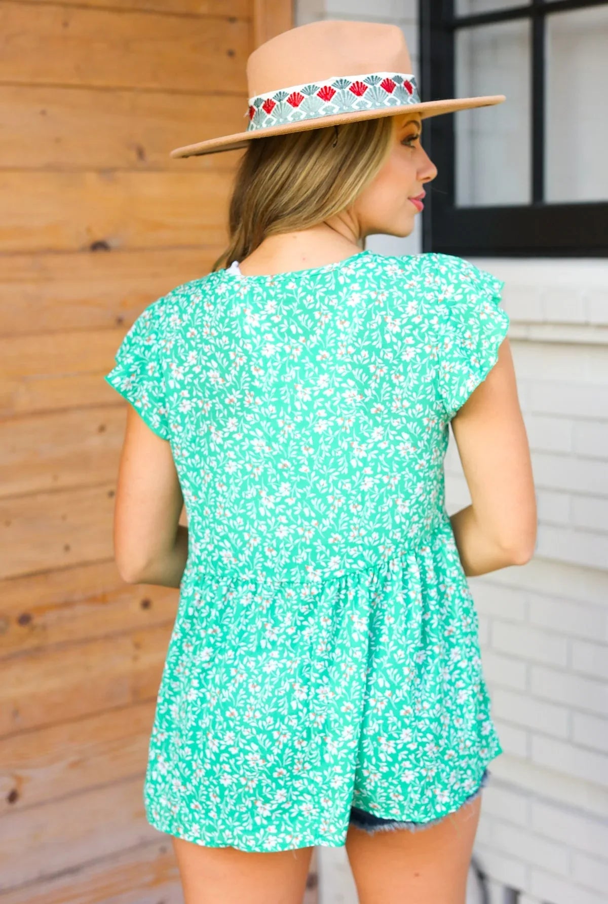 Green Floral Button Tie Neck Babydoll Top | Daverri Fashions