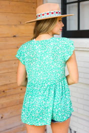 Green Floral Button Tie Neck Babydoll Top | Daverri Fashions