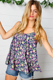 Navy Floral Ruffle Hem Sleeveless Top | Daverri Fashions