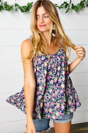 Navy Floral Ruffle Hem Sleeveless Top | Daverri Fashions
