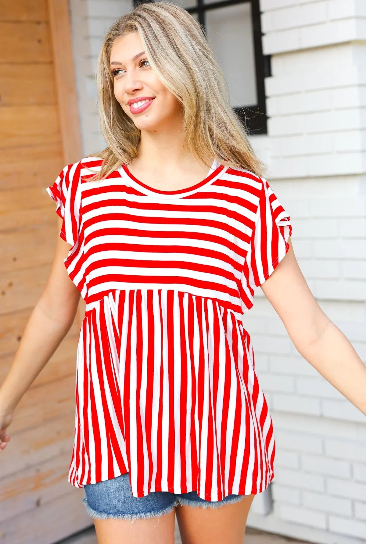 Red Stripe Babydoll Flutter Sleeve Top | Daverri Fashions