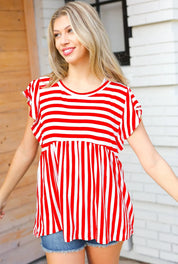 Red Stripe Babydoll Flutter Sleeve Top | Daverri Fashions