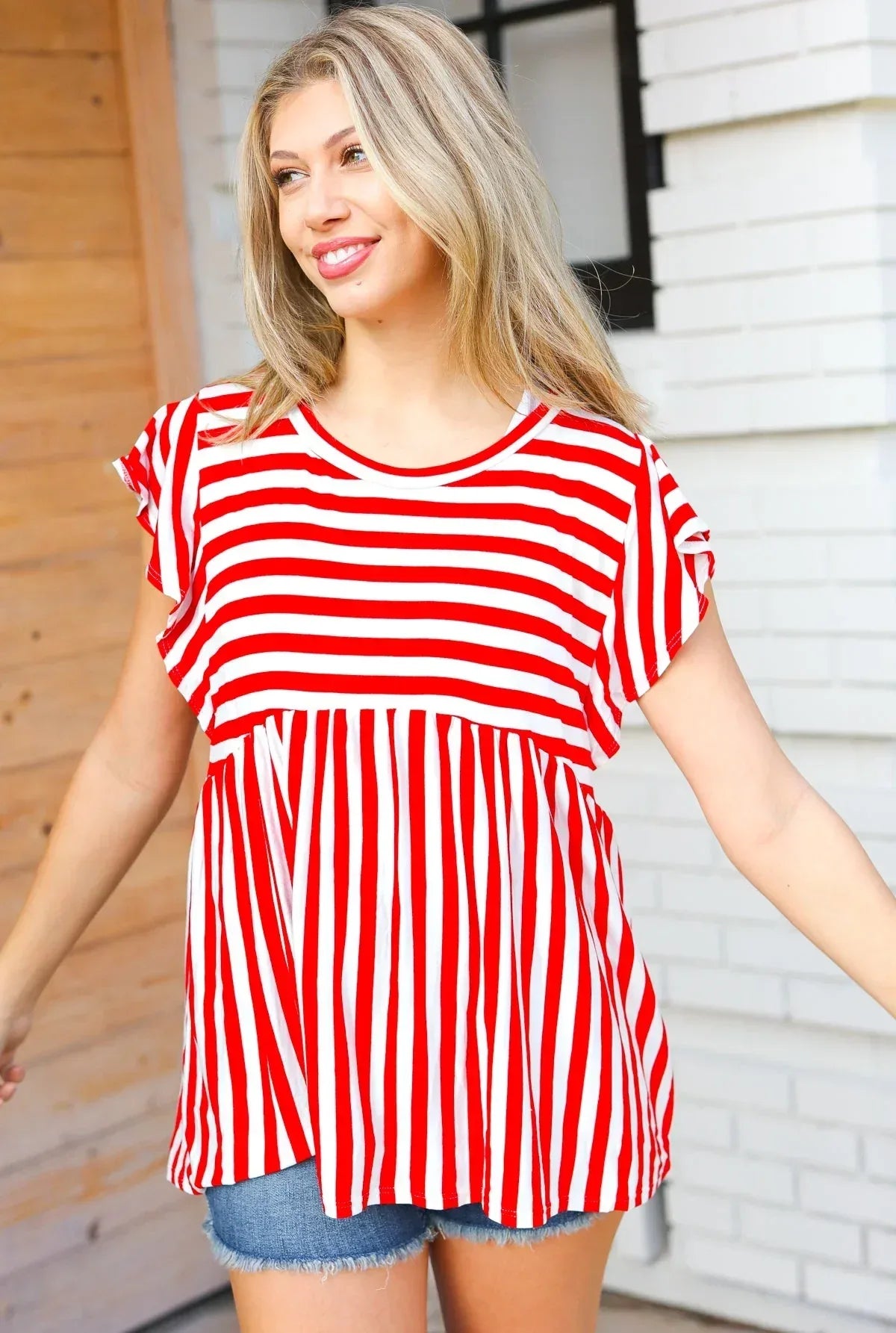 Red Stripe Babydoll Flutter Sleeve Top - DAVERRI FASHIONS