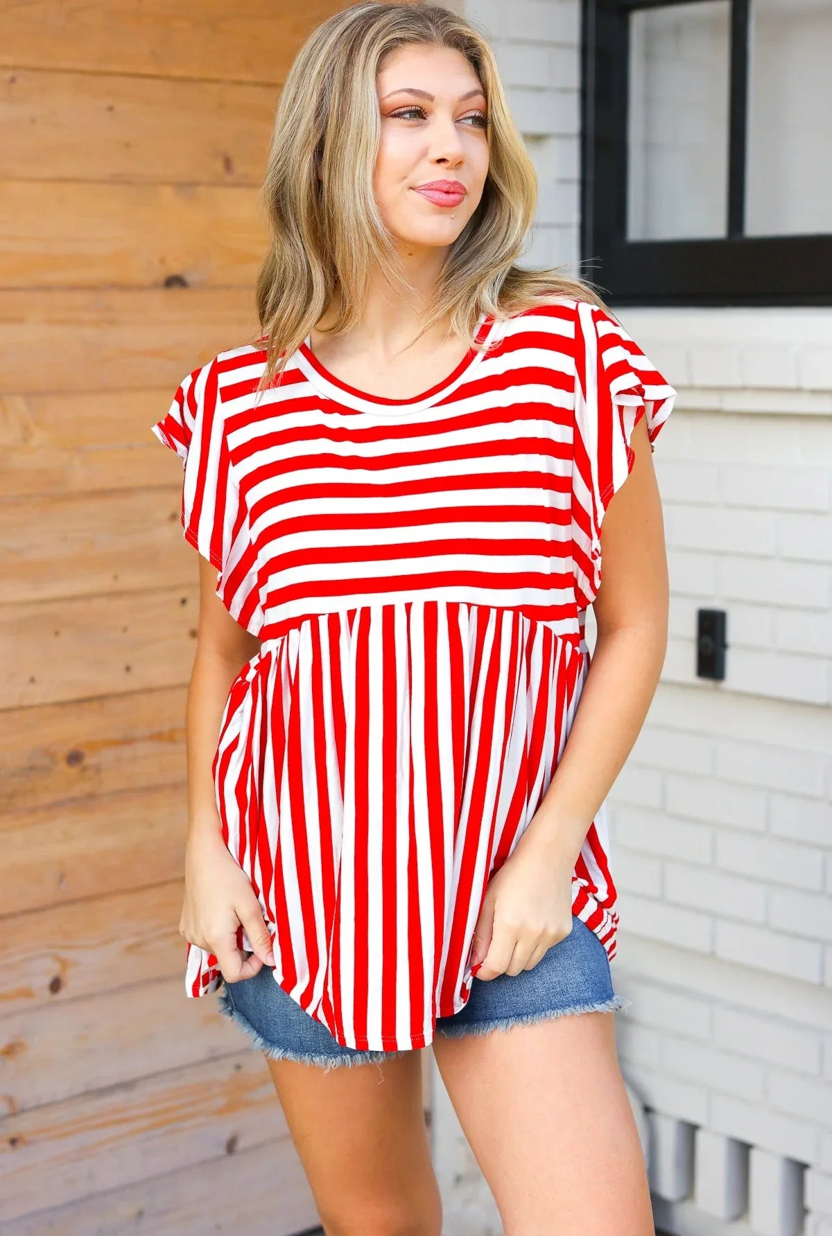 Red Stripe Babydoll Flutter Sleeve Top | Daverri Fashions