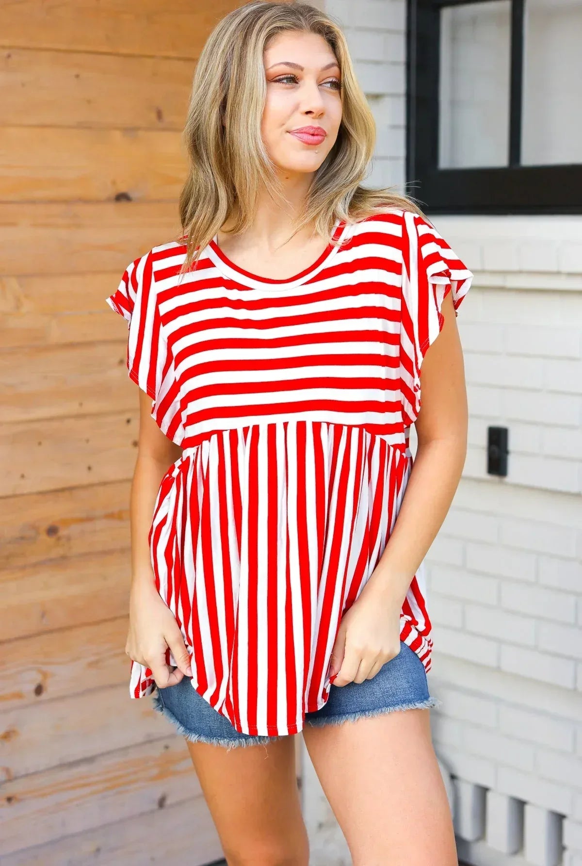 Red Stripe Babydoll Flutter Sleeve Top - DAVERRI FASHIONS