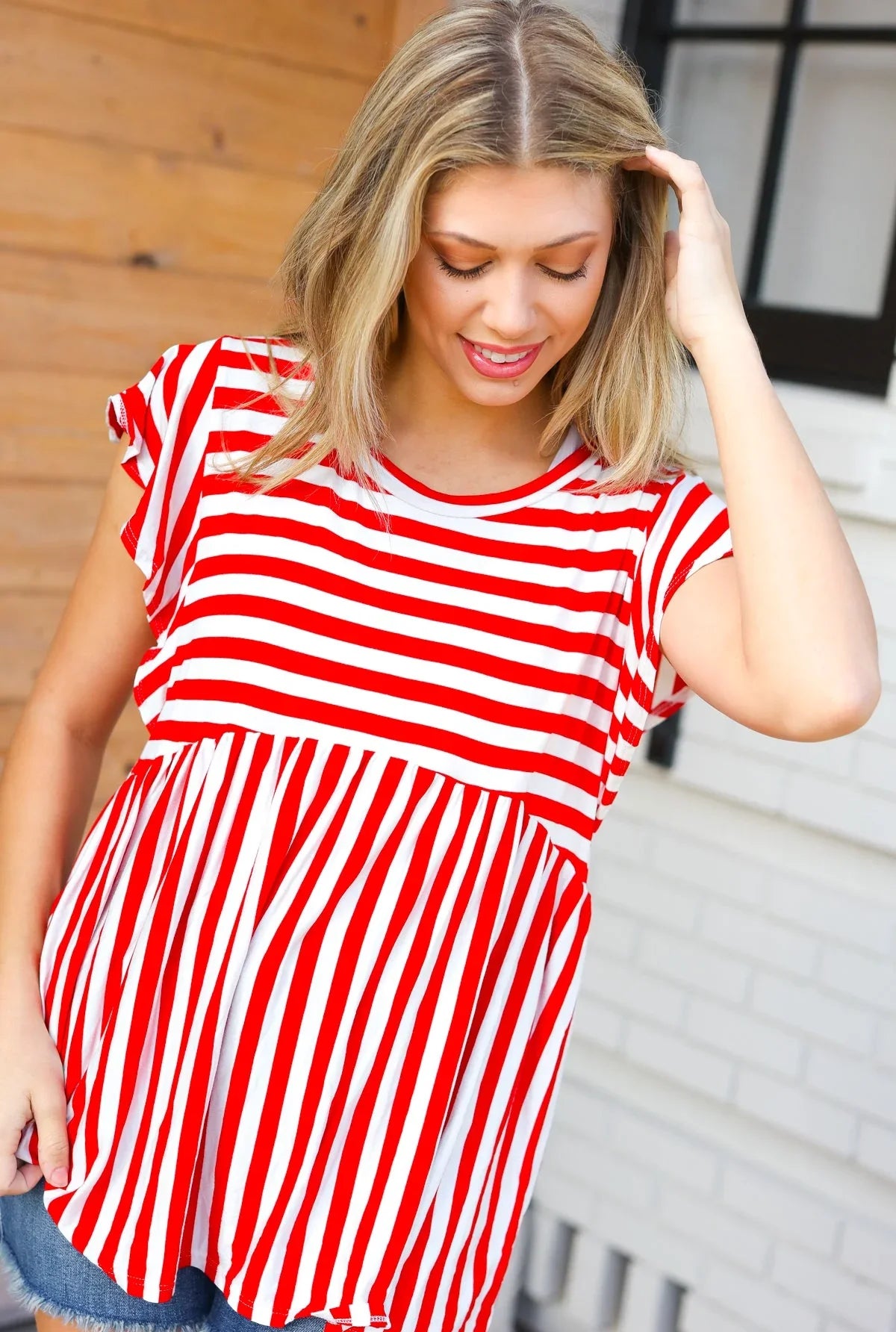 Red Stripe Babydoll Flutter Sleeve Top | Daverri Fashions