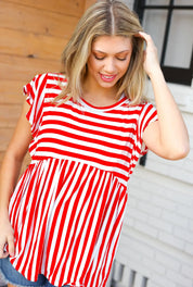 Red Stripe Babydoll Flutter Sleeve Top | Daverri Fashions