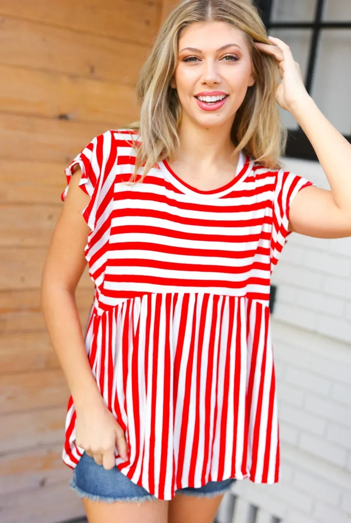 Red Stripe Babydoll Flutter Sleeve Top - DAVERRI FASHIONS