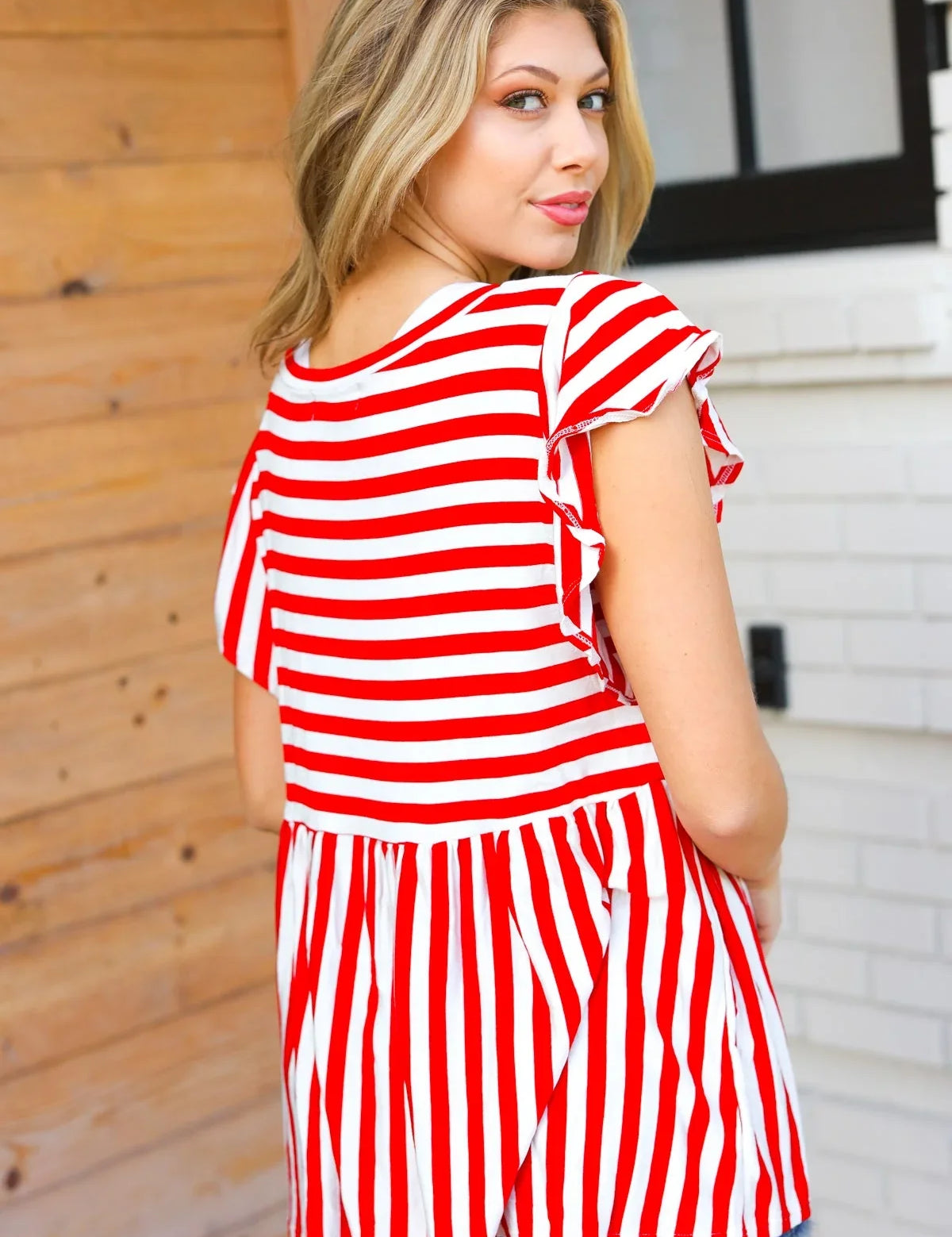 Red Stripe Babydoll Flutter Sleeve Top | Daverri Fashions