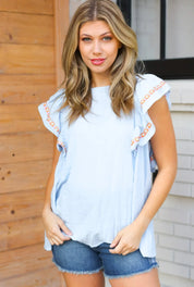 Chambray Embroidered Flutter Sleeve Top | Daverri Fashions