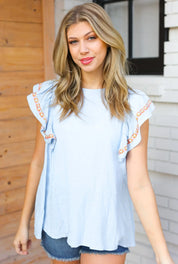 Chambray Embroidered Flutter Sleeve Top | Daverri Fashions