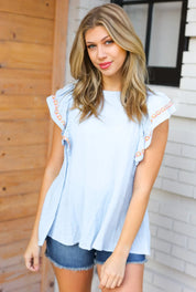 Chambray Embroidered Flutter Sleeve Top | Daverri Fashions