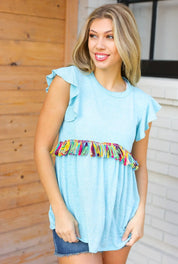 Sky Blue Two Tone Babydoll Fringe Tassel Top | Daverri Fashions