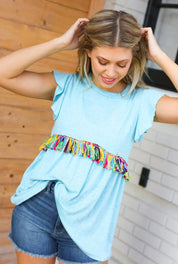 Sky Blue Two Tone Babydoll Fringe Tassel Top | Daverri Fashions