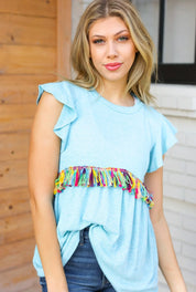 Sky Blue Two Tone Babydoll Fringe Tassel Top | Daverri Fashions