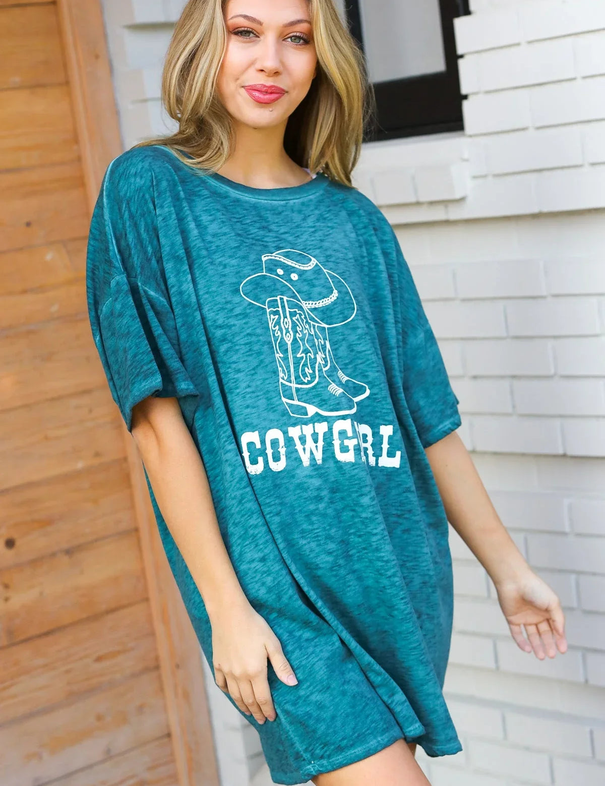 Emerald Cotton Blend COWGIRL Graphic Long Tee | 07-01-25 Summer Sale Daverri Fashions
