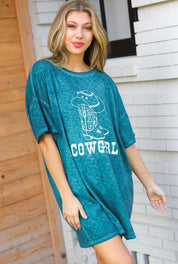 Emerald Cotton Blend COWGIRL Graphic Long Tee | 07-01-25 Summer Sale Daverri Fashions