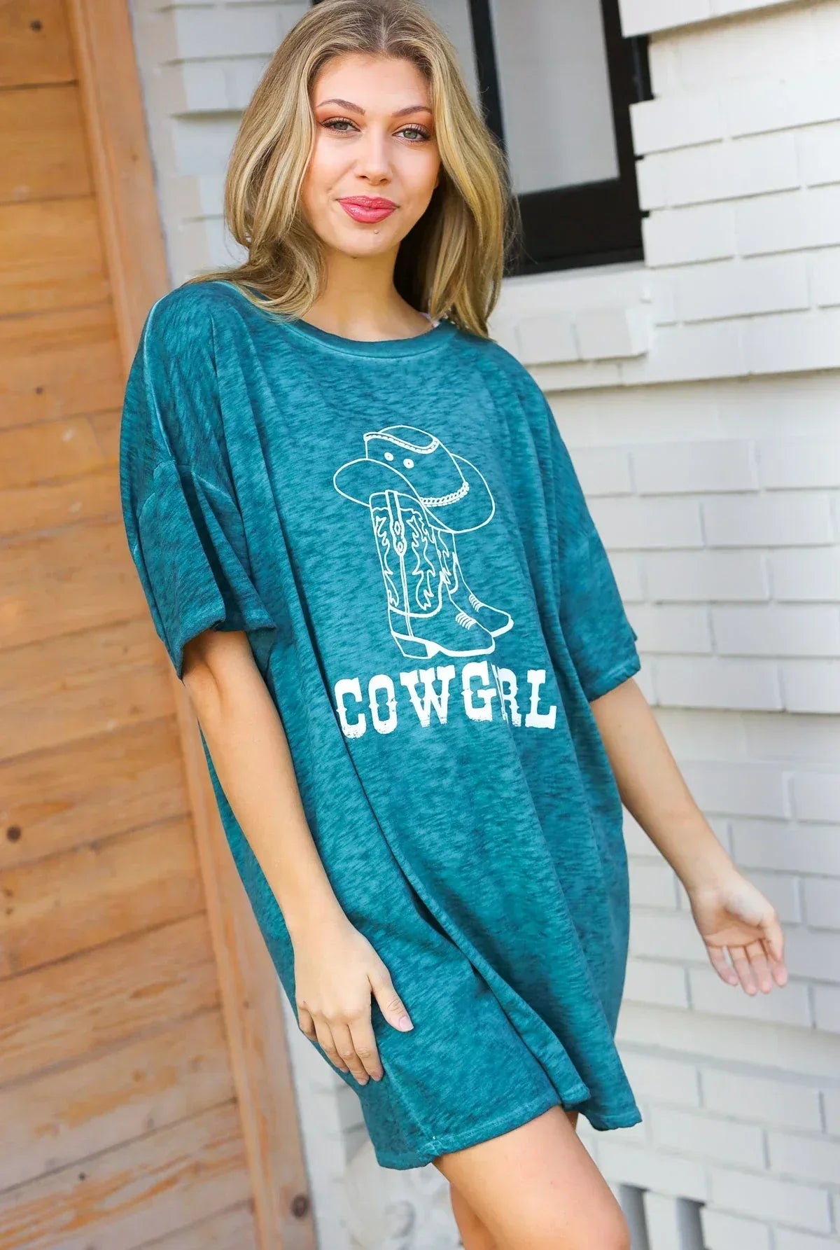 Emerald Cotton Blend COWGIRL Graphic Long Tee - DAVERRI FASHIONS