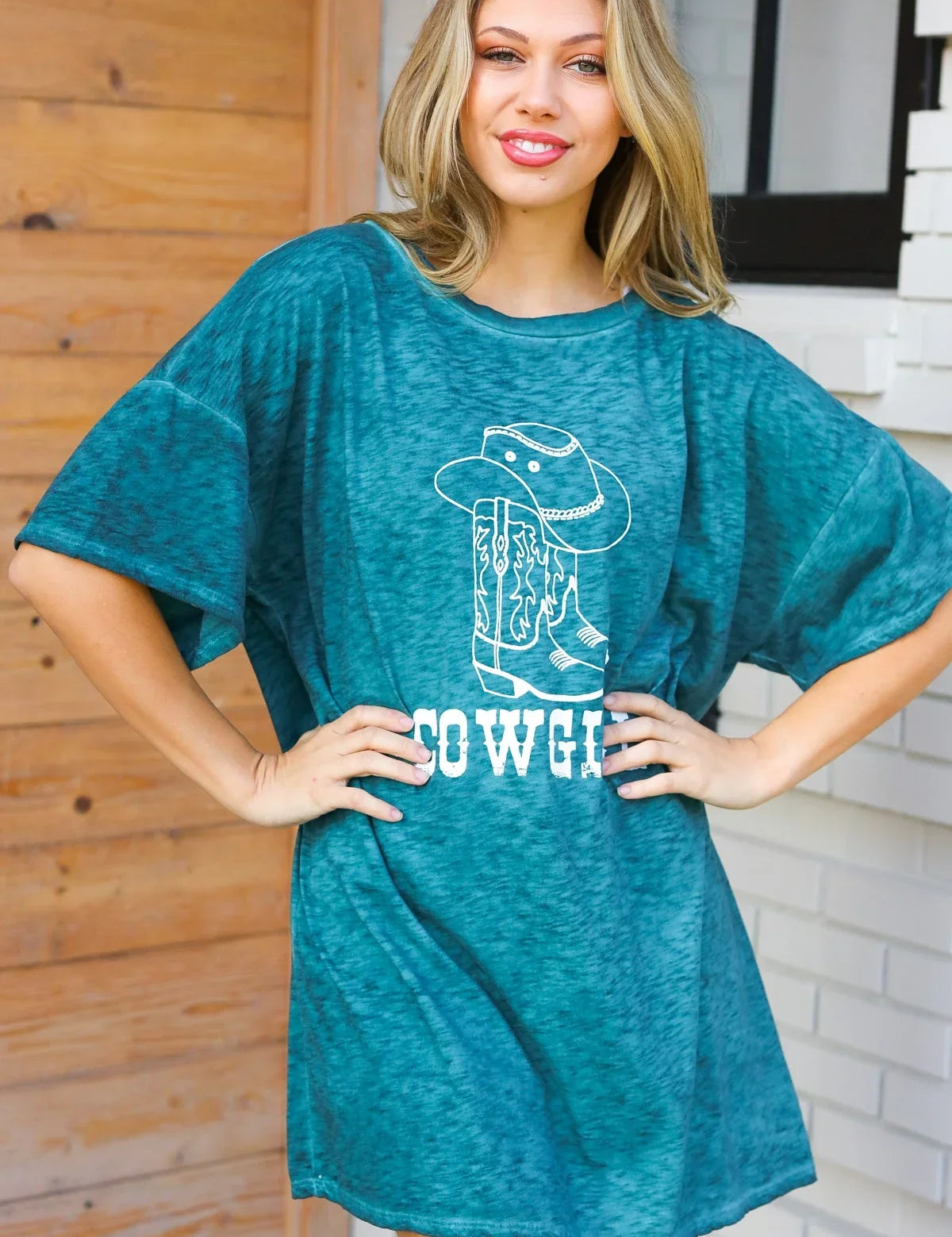 Emerald Cotton Blend COWGIRL Graphic Long Tee | 07-01-25 Summer Sale Daverri Fashions