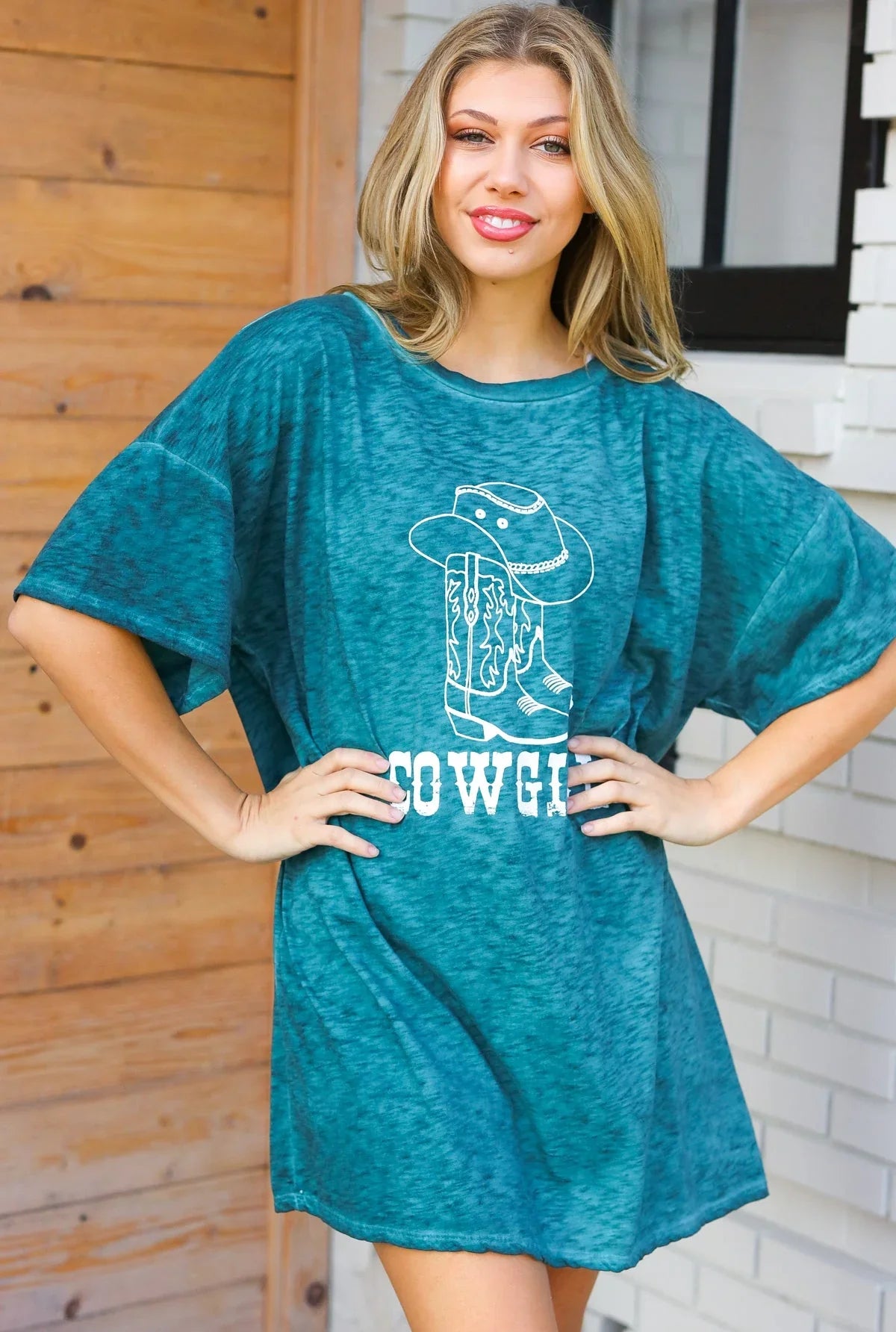 Emerald Cotton Blend COWGIRL Graphic Long Tee | 07-01-25 Summer Sale Daverri Fashions