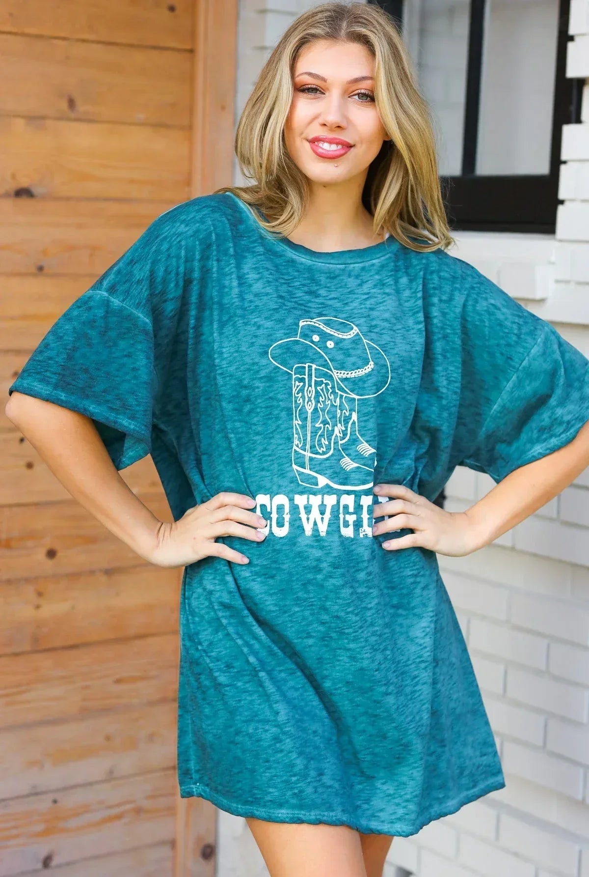 Emerald Cotton Blend COWGIRL Graphic Long Tee - DAVERRI FASHIONS