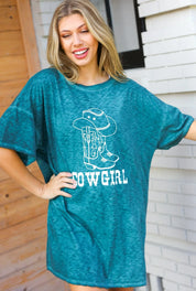 Emerald Cotton Blend COWGIRL Graphic Long Tee | 07-01-25 Summer Sale Daverri Fashions