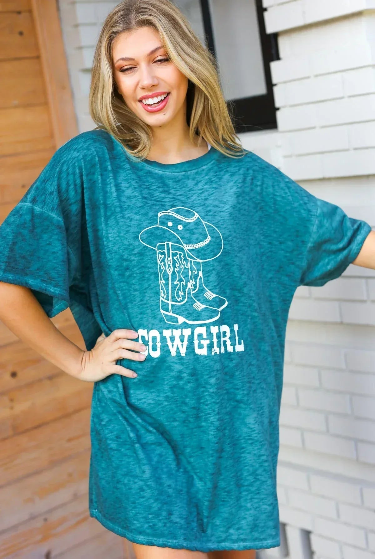 Emerald Cotton Blend COWGIRL Graphic Long Tee - DAVERRI FASHIONS