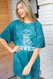 Emerald Cotton Blend COWGIRL Graphic Long Tee | 07-01-25 Summer Sale Daverri Fashions